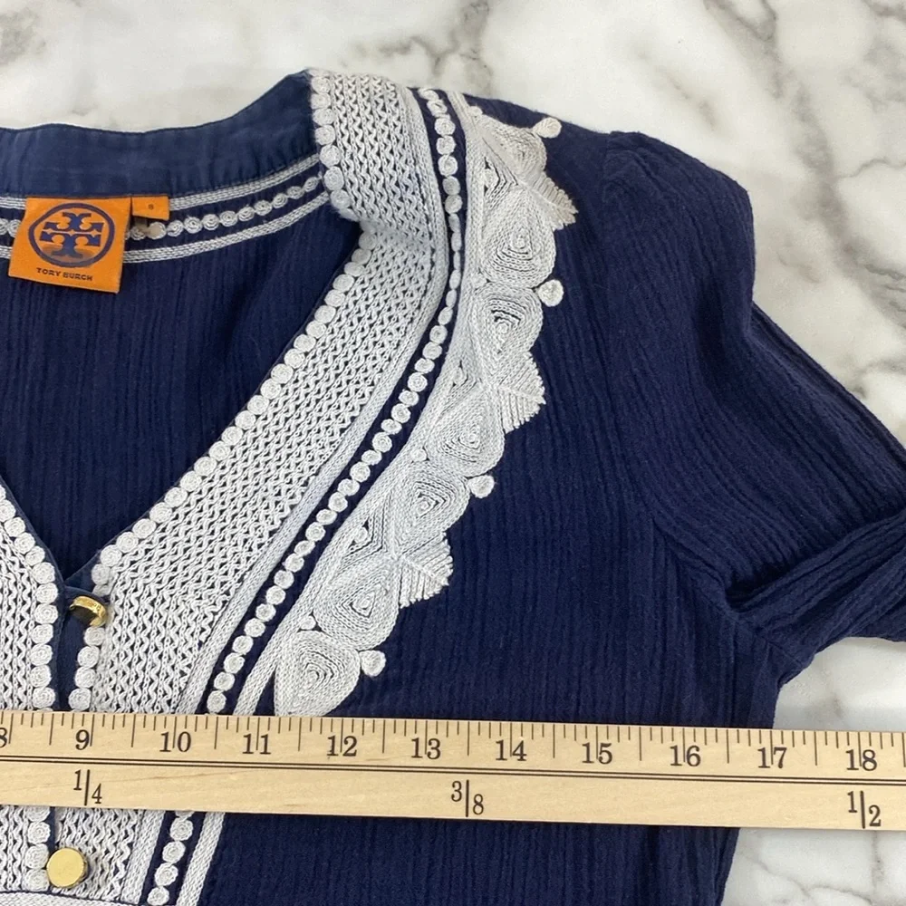 Tory Burch Tunic Blouse Top Womens Size 8 Blue White‎ Lace Long Sleeves V Neck